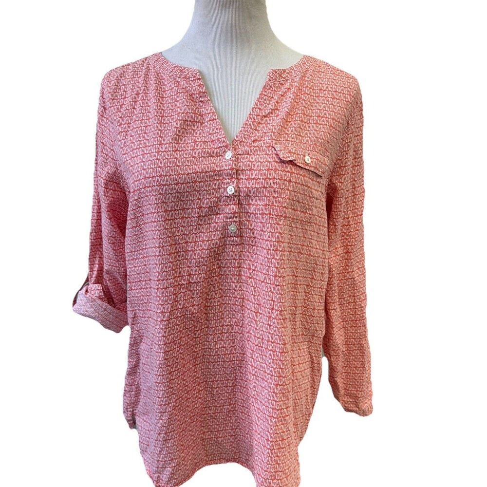 J Jill Women's Popover Tunic Top V Neck Roll Tab Sleeve Size M Pink 100% cotton